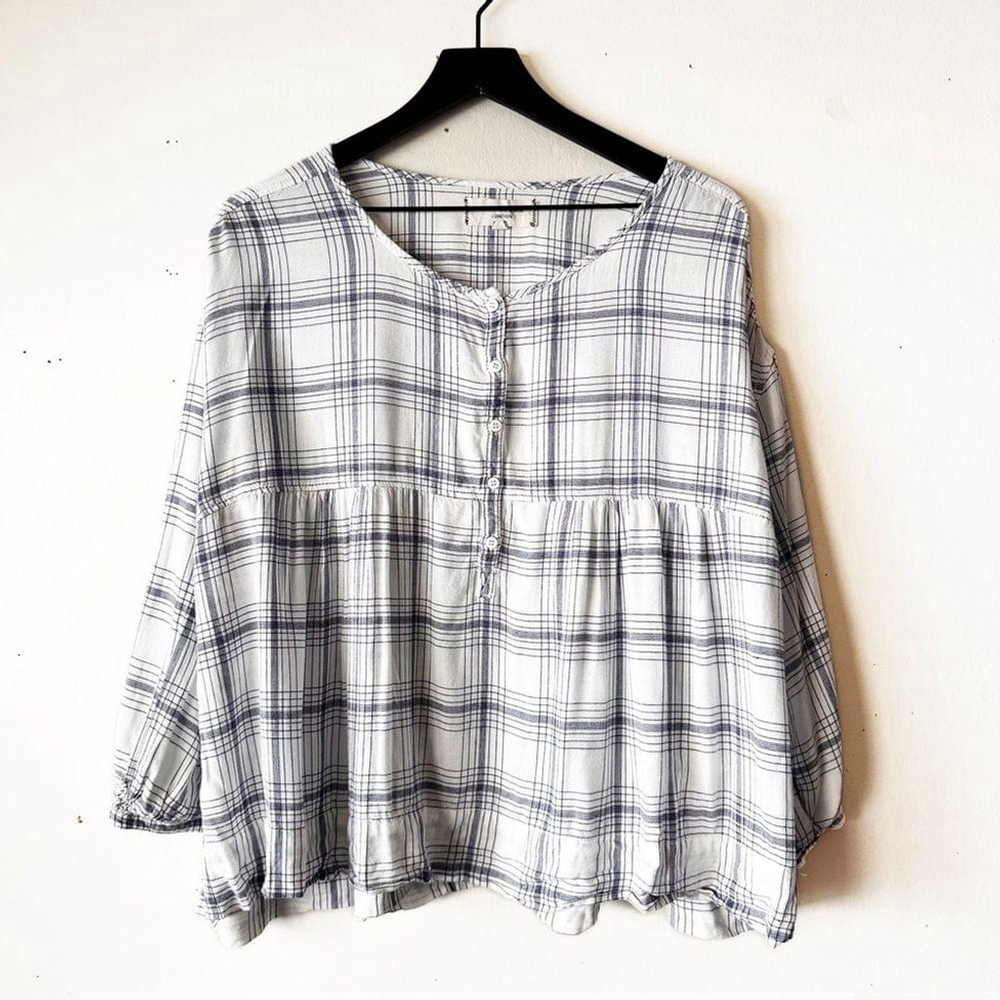 Max Studio Plaid Rayon Peasant Blouse XS/S Flowy Long Sleeve